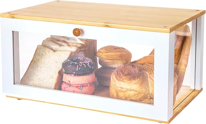 ETMI Bamboo Bread Box for Kitchen Countertop - Large White Bread Box Pastry Display case kitchen Storage