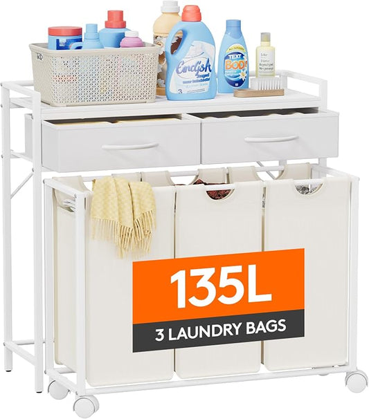 Lifewit Laundry Hamper 3 Section, Large Rolling Laundry Sorter with Shelf & 2 Drawers, Pull-Out Laundry Basket Organizer with Wheels and Removable Bag for Laundry Room Bathroom, White and Beige
