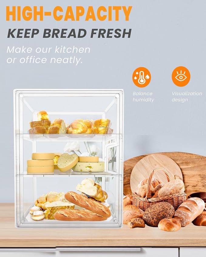 Bread Box,Large Bread Boxs for Kitchen Countertop - 4 Layers Adjustable Bread Storage Container,Clear Boxes for Kitchen Counter, Breads Box Airtight,Bread Holder,Perfect for Bagel Muffins-2Pcs