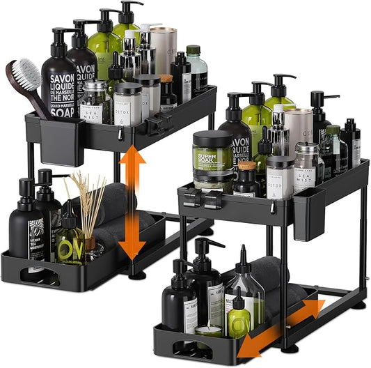 Under Sink Organizers and Storage, 2 Pack Height Adjustable Bathroom Cabinet Organizer, 2 Tier Sliding Under Sink Organizer, Sturdy Pull Out Bathroom Storage, with 12 Hooks & Hanging Cups, Black