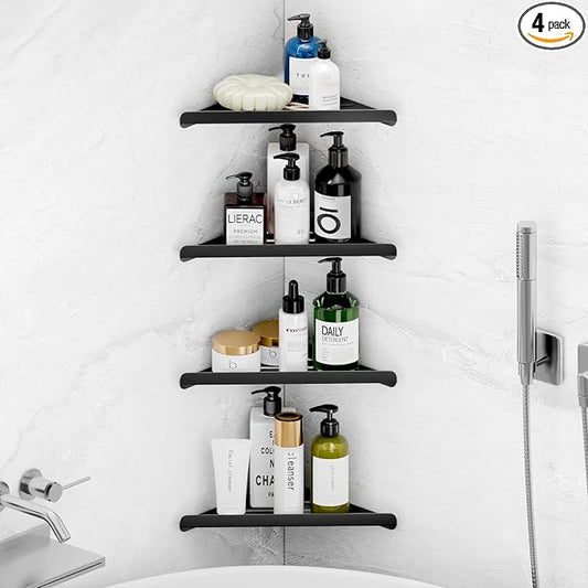 Fikoksol Shower Caddy, 4 Pack Bathroom Corner Shelf, Triangle Shelf Storage for Bathroom Shower, Black Metal Shower Shelf & Rustproof Wall Mounted Adhsive Glue Organizer Accessories and Essentials