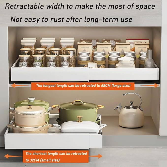 Expandable Drawer Orga PullOut Kitchen Storage Solution Adjustable No Drill Design for Cabinets ng Drawer System，32-48cm X 42cm X 7cm-1PCS，32-48cm X 42cm X 7cm-1PCS