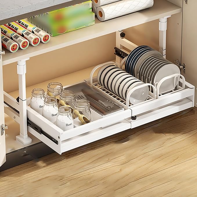 Pull Out Kitchen Cabinet s Sliding Drawers for Cupboard No Drill No Nail Slide Out Storage Solution Black Size S Maximize Kitchen Space Efficiently，White Single Layer_41*42 * 27