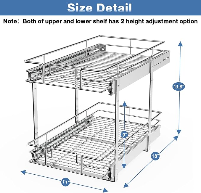 LOVMOR 2 Tier Individual Pull Out Cabinet Organizer 11" W x 18" D, Slide Out Kitchen Cabinet Storage Sliding Shelves