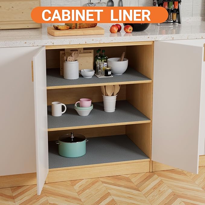 FLPMIX 15-Inch Kitchen Shelf Liners: Waterproof Cabinet Drawer Mats 15 x 240 Inch - Dark Grey Easy to Cut Non-Adhesive Pantry Cupboard Liner for Shelving
