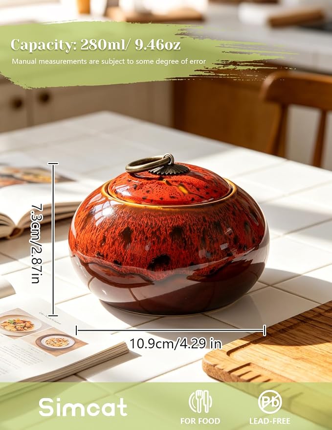 Simcat Ceramic Storage Jars, Exquisite Glaze Food Canisters for Kitchen Spice Storage, Tea Caddy Storage, Coffee Jar, Condiment Jar with Seal Lid (Red B)