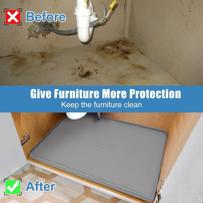 BEESVO Under Sink Mat for Kitchen Waterproof, 28" x 19" Silicone Under Sink Liner Kitchen & Bathroom Cabinet Protector Mats, Heavy Duty Flexible Under Sink Drip Tray with Lip, Cool Grey