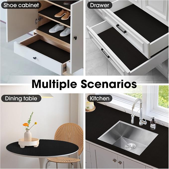Drawer and Shelf Liner, Non-Slip Kitchen Cabinet Liners Non-Adhesive Thick Strong Grip Waterproof Washable Mats Protect Dresser Shelves Cupboard Bathroom Cabinets, Black, 12 in X 10 FT