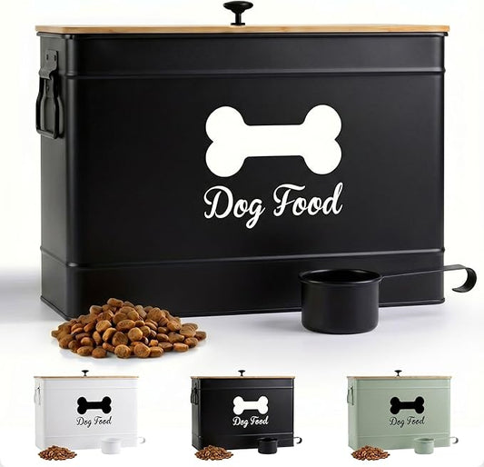 Dog Food Container Airtight 15-20 lb (70 Cup) Capacity with Metal Scoop - Cute Airtight Dog Food Storage Container with Bamboo Lid - Black Metal Kibble Storage Bin for Dogs up to 100 lbs - Big Pet Jar