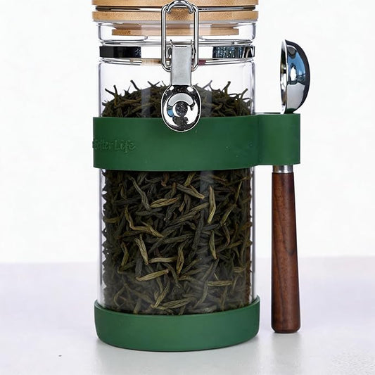 KKC 40oz Airtight Glass Tea Canister with Bamboo Lid & Scoop - Large Loose Leaf Tea Storage Jar, Preserves Freshness & Aroma - Elegant Kitchen Pantry Container for Tea Lovers