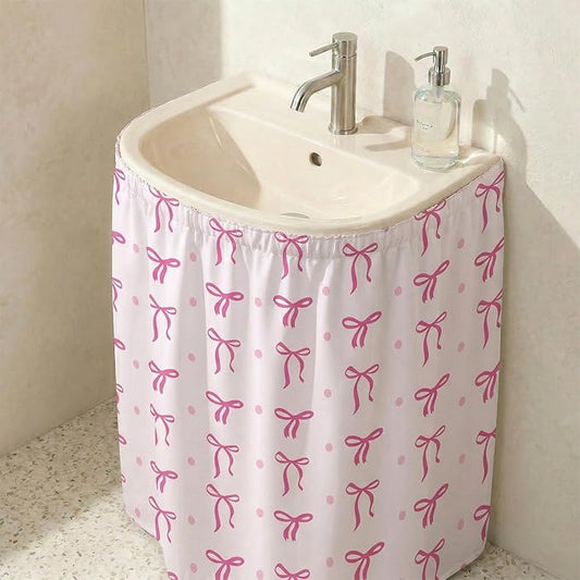 Pink Bow Sink Skirt for Preppy Bathroom Decor, Self Stick Adhesive Waterproof Fabric, Coquettecute Under Sink Curtain Skirt, Pedestal Sink Accessories Decor,