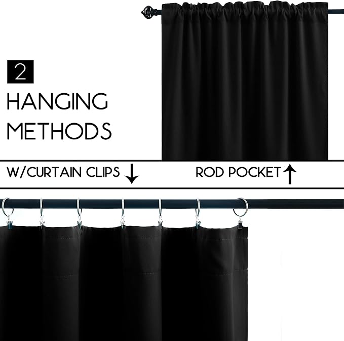 KOUFALL 52" W Short Blackout Curtains for Wide Small Windows & RV Camper, 30 Inch Length Thermal Insulated Room Darkening Half Window Drapes for Bedroom Kitchen Cafe, Black