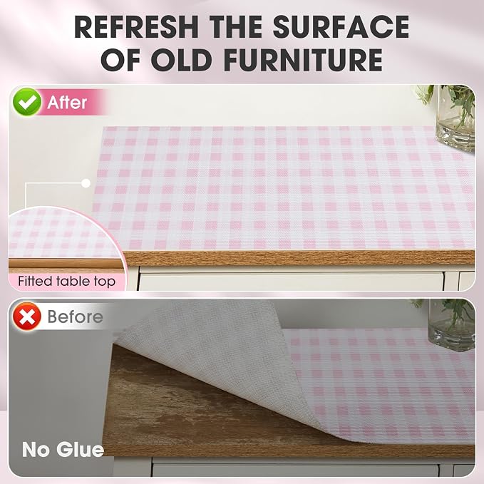 Drawer and Shelf Liner, Non-Slip Kitchen Cabinet Liners Non-Adhesive Thick Strong Grip Waterproof Washable Mats Protect Dresser Shelves Cupboard Bathroom Cabinets, Pink Plaid, 12 in X 10 FT
