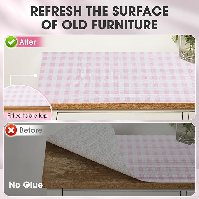 Drawer and Shelf Liner, Non-Slip Kitchen Cabinet Liners Non-Adhesive Thick Strong Grip Waterproof Washable Mats Protect Dresser Shelves Cupboard Bathroom Cabinets, Pink Plaid, 18 in X 20 FT