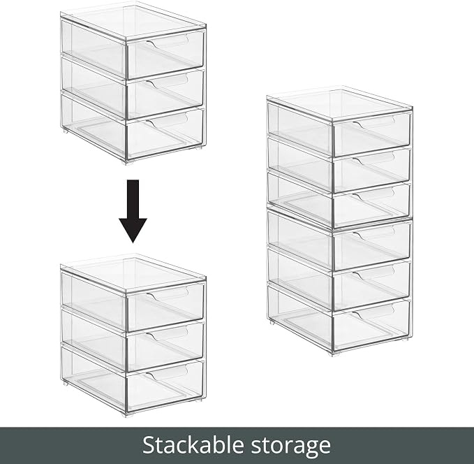 mDesign Plastic Stackable Organizer with 3 Drawers - Pull-Out Drawer Storage Bin for Bathroom Sink/Cabinet Organization - Perfect for Makeup, Small Towels, and More - Lumiere Collection, Clear