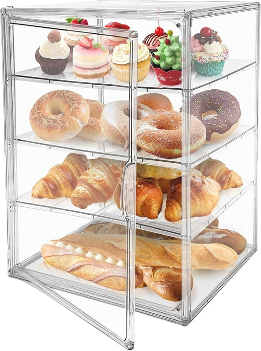BOHOIDEE Extra Large 4 Tiers Clear Bread Box for Kitchen Counter, Acrylic Bread Keeper Stackable Storage Container Plastic Bread Bin Holder with Magnetic Door for Pantry Countertop