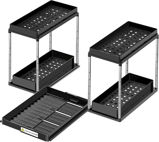 NIUXX Expandable Under Sink Organizer: 2 Tier Height Adjustable Under Cabinet Organizer - Double Pull Out Shelf Under Sink Storage for Kitchen - Bathroom and Laundry Room - Space Saving