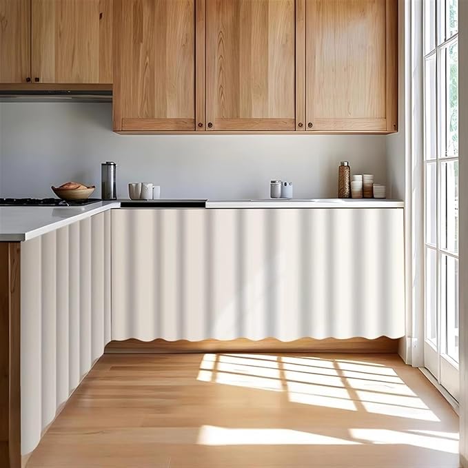 Under Sink Curtain for Closet, Privacy Short Cabinet Curtain Self Stick Adhesive Desk Skirt for Kitchen Classroom, Cream, 35" W x 32" L