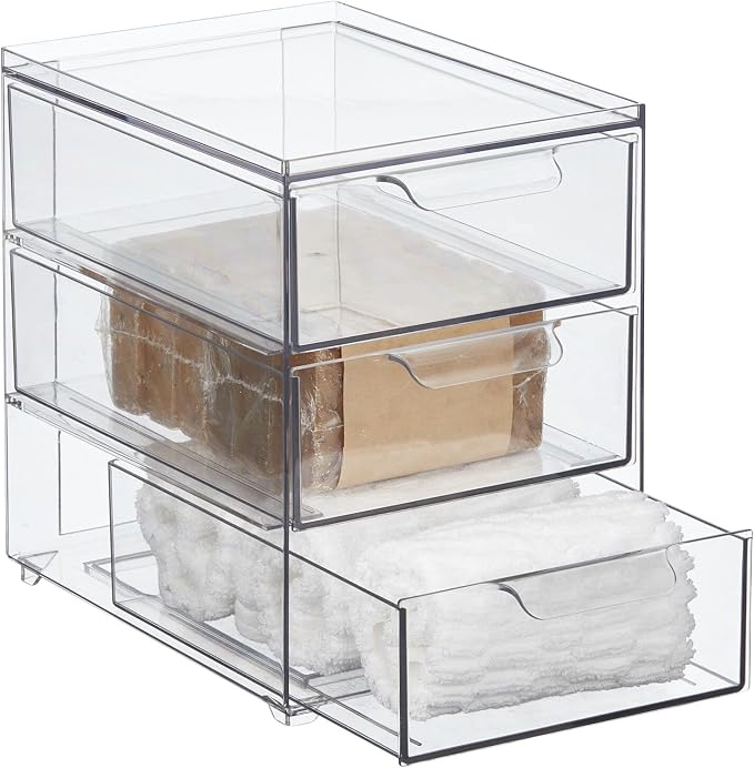 mDesign Plastic Stackable Organizer with 3 Drawers - Pull-Out Drawer Storage Bin for Bathroom Sink/Cabinet Organization - Perfect for Makeup, Small Towels, and More - Lumiere Collection, 2 Pack, Clear