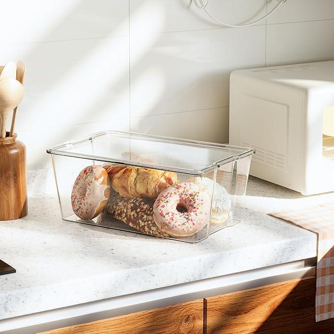 Hudgan 4 Pack Bread Box for Kitchen Countertop, Bread Storage Container with Lid for Bagel, Donut and Cookies, Clear Breadbox Keeper for Muffin