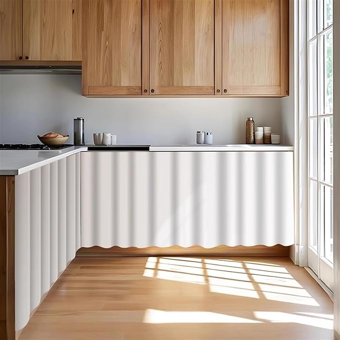 Under Sink Curtain for Closet, Privacy Short Cabinet Curtain Self Stick Adhesive Desk Skirt for Kitchen Classroom, White, 35" W x 28" L