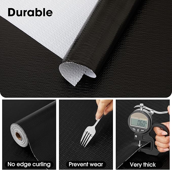 Drawer and Shelf Liner, Non-Slip Kitchen Cabinet Liners Non-Adhesive Thick Strong Grip Waterproof Washable Mats Protect Dresser Shelves Cupboard Bathroom Cabinets, Black, 12 in X 30 FT