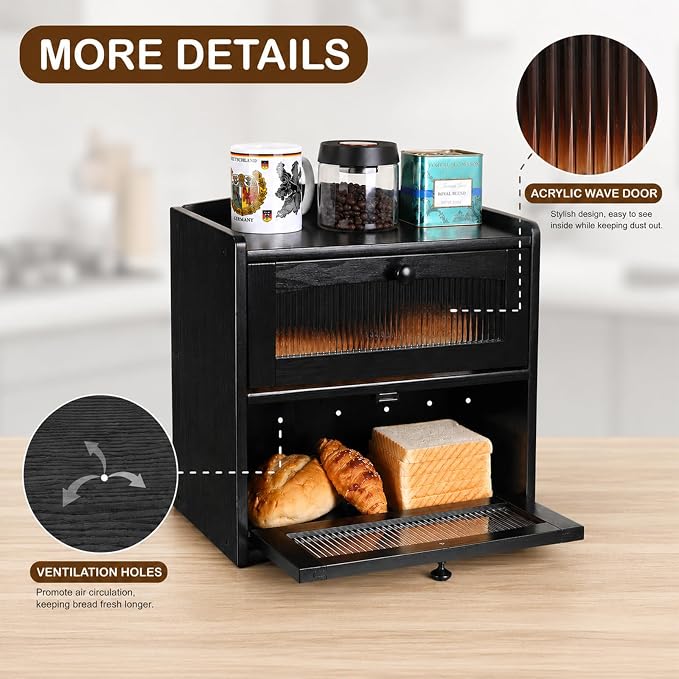 Bread box for Kitchen Countertop Double Layer Large, Solid Wooden Farmhouse Bread Storage Container with Acrylic Window, Bread Holder Organizer Bin for Homemade Bread and Pantry(Black)
