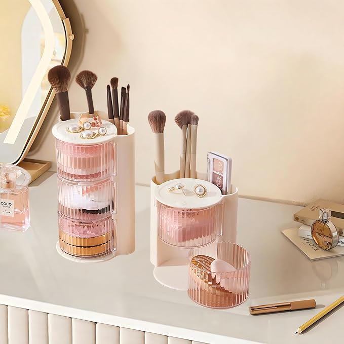 Hair Accessories Organizer with Hair Brush Holder, Rotatable Makeup Brush Holder for Necklaces, Earring, Bracelet, Ring, Makeup Brushes, Hair Clip and Hair Accessories (2 Layer Beige)