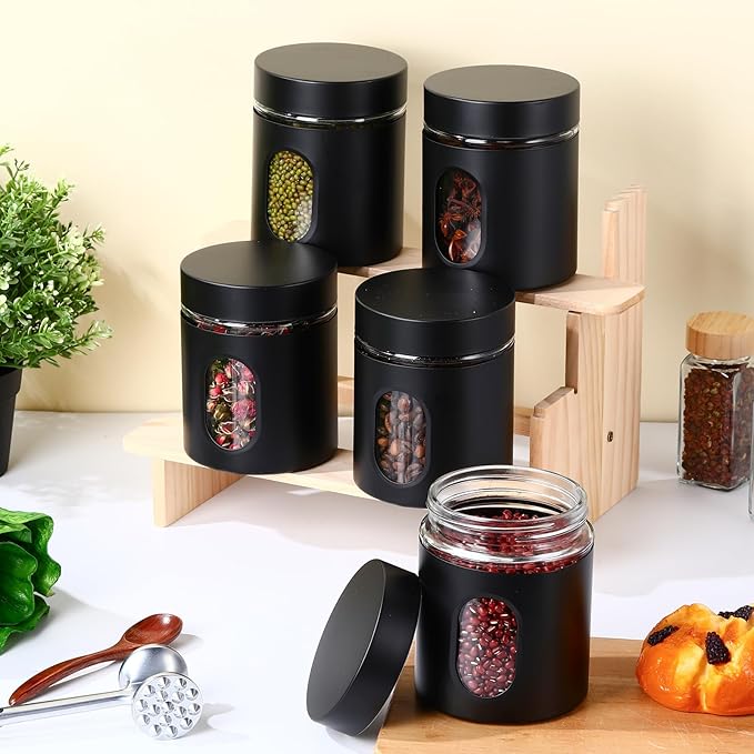 Mimorou 3 Pcs Stainless Steel Canister Set with Glass Windows Visible Storage Jars Silver Kitchen Canister Set for Pasta Flour Oat Sugar Container, Kitchen Tools, Housewarming Gifts (Black,20 oz)