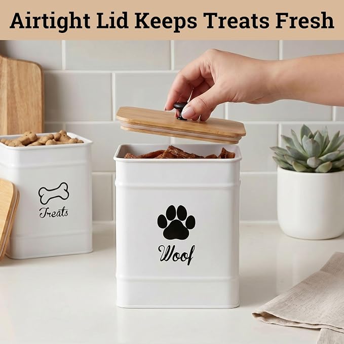 Dog Treat Container Airtight Set of 2 - 8x6 & 7x5 inch Iron Dog Treat Jars for Kitchen Counter with Airtight Bamboo Lids - 20 Cup Capacity Pet Treat Container Set - Doggie Cookie Jar - Treats Canister