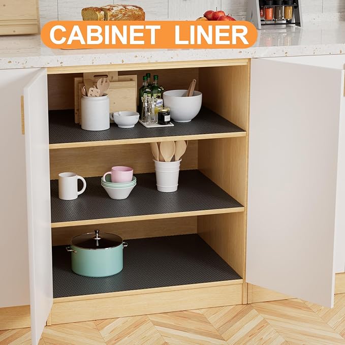 FLPMIX Shelf Liners for Cabinets Black: Non-Adhesive Waterproof Kitchen Drawer Mat - Easy to Cut Small Cupboard Liner for Pantry Shelves 10" x 240 Inch