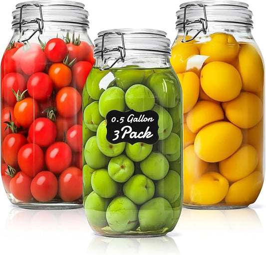 ComSaf 71oz Glass Canisters with Airtight Clamp Lids (Set of 3), 2.1L Large Fermentation & Pantry Jars for Bulk Food Storage, Ideal for Flour, Sugar, Sourdough Starter, and Pickling - 2.2 Quart