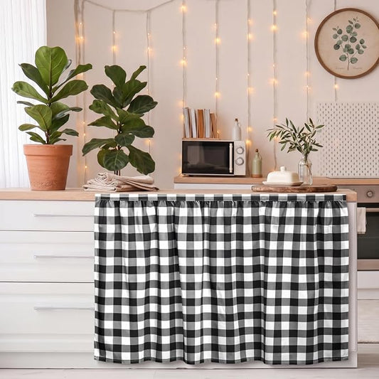 Cabinet Curtains 51 x 28 Inch Black and White Sink Skirt for Bathroom Kitchen Home Diamond Stitch Self Stick Adhesive Waterproof Fabric Farmhouse Rustic Drape Under Desk Privacy Drape Laundry Room