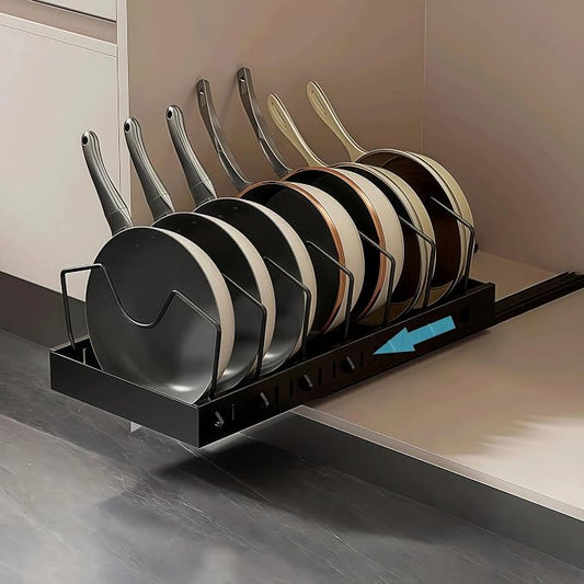 Pull out drawers Pots and Pans Organizer With M-Shaped Vertical Slots Under Cabinet，Slide Out inside Cabinet Storage for Pot Lid Holder And Spoon Rest,Dishes,7 Adjustable Dividers(Black,"M"Style)