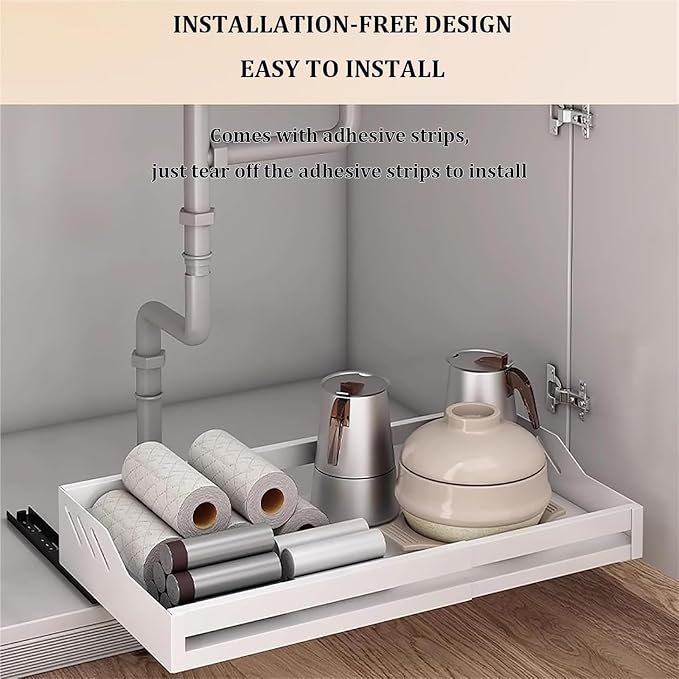 Pull out Cabinet Organizer,Under Sink Organizer, Home Office Organization Hidden Storage Pantry Shelf,No Need Drill and Nailing,for Kitchen Cupboard Cabinet.(White)