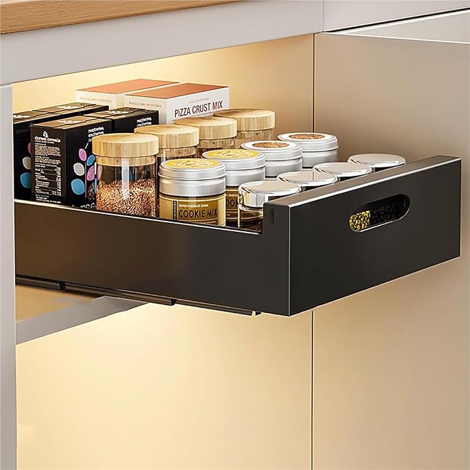 Extendable Pull Out Cabinet No Drill Sliding Drawer Space Saving Storage Solution for Kitchen Bathroom & Pantry，Black 30 * 43 * 7cm