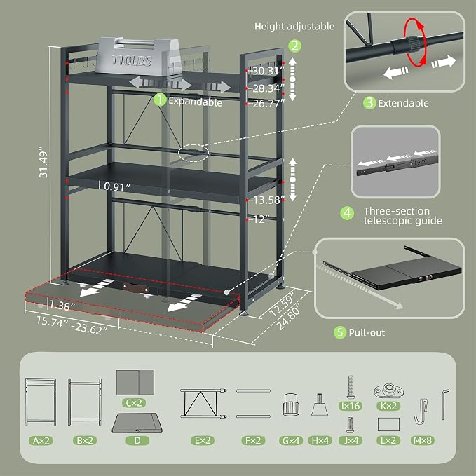 NETEL Expandable Microwave Stand,3 Tier Metal Kitchen Countertop Organizer Shelves with 8 Hooks,Bakers Rack,Pull-Out Microwave Shelf,110lbs Weight Capacity,Black