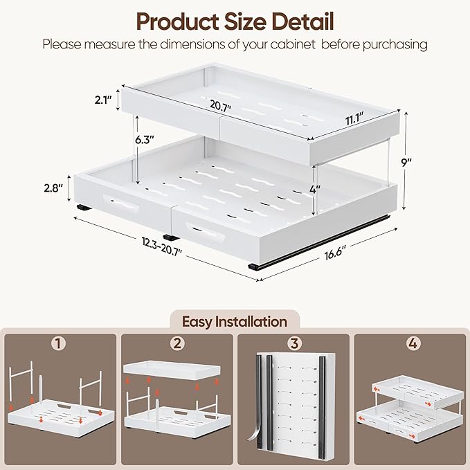 Nacial 2 Tier Pull Out Cabinet Organizer, Expandable(12.3"-20.7" W) Slide Out Cabinet Drawer with Adhesive Nano Film, Adjustable Heavy Duty Roll Out Shelves for Kitchen Pantry Bathroom Storage, White