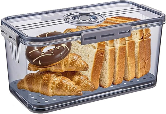 Bread Box for Kitchen Countertop, Airtight Bread Container with Lid, Time Recording Dial, and Draining Board, Bread Storage for Homemade Bread, Toast, Cookies (1 Grey)