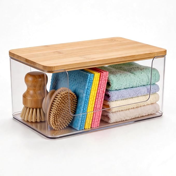 1 Pack Trash Bag Holder, Stackable Garbage Bag Dispenser with Bamboo Lid – Clear Plastic Organizer, Space-Saving Under Sink Storage for Kitchen, Laundry Room, Pantry & Cabinet