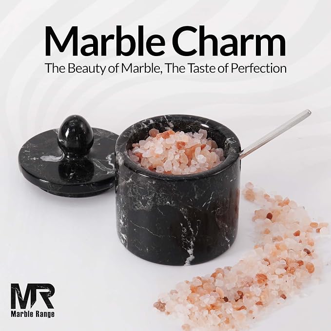 Marble Salt Cellar with Lid – Black 4 Inch Table Salt Container, Salt Jar, Salt Dish, Salt Holder, Spice Jar, Sugar Bowl, Seasoning Container, Salt Dispenser for Kitchen Countertop