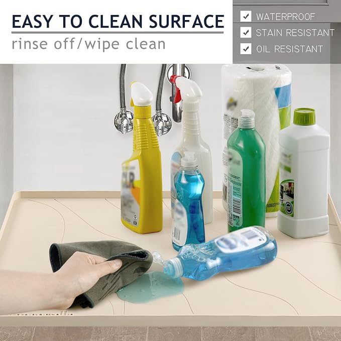 Heavy Duty Silicone Under Sink Mats for Kitchen Waterproof 31" x 19", Extra Thick Under Sink Rubber Mat Drip Tray, Raised Edge Under Sink Liner,Prevent Drips, Leaks, Spills,Taupe