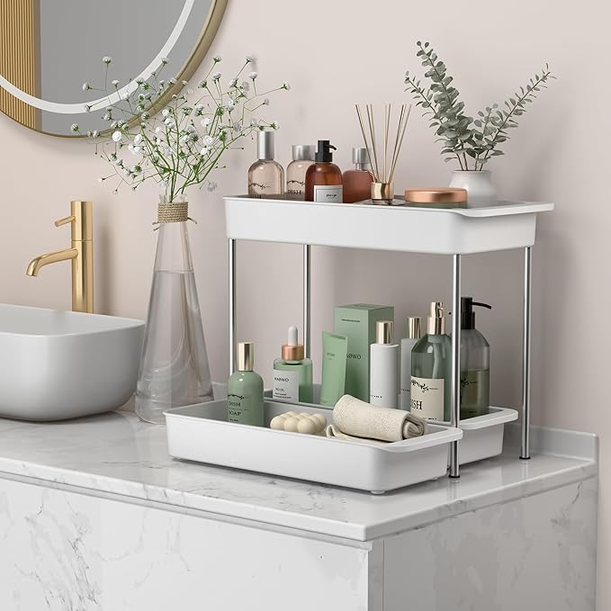 2-Tier Under Sink Organizer with Smooth Rolling Wheels, Pull-Out Bottom Storage Drawer with Easy-Lift Handle, Metal & Plastic Sliding Cabinet Organizer for Kitchen & Bathroom, White, 2 Pack