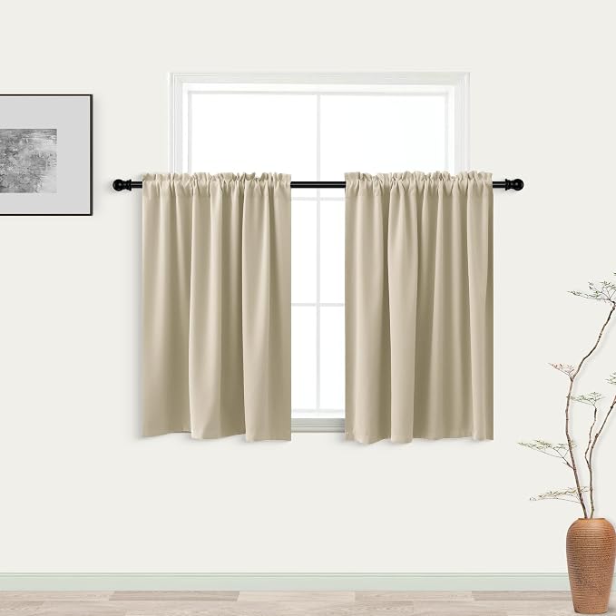 KOUFALL Rod Pocket Blackout Tier Short Curtains-Biscotti Beige-18x30