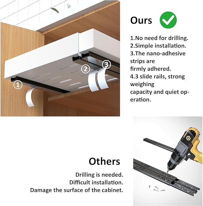 2 Pack Pull Out Cabinet Organizer Expandable Width (12.2"-20.4") x 21'' Deep, No Drill Adhesive Drawer, Heavy Duty Roll Out Shelves Drawers Adjustable White