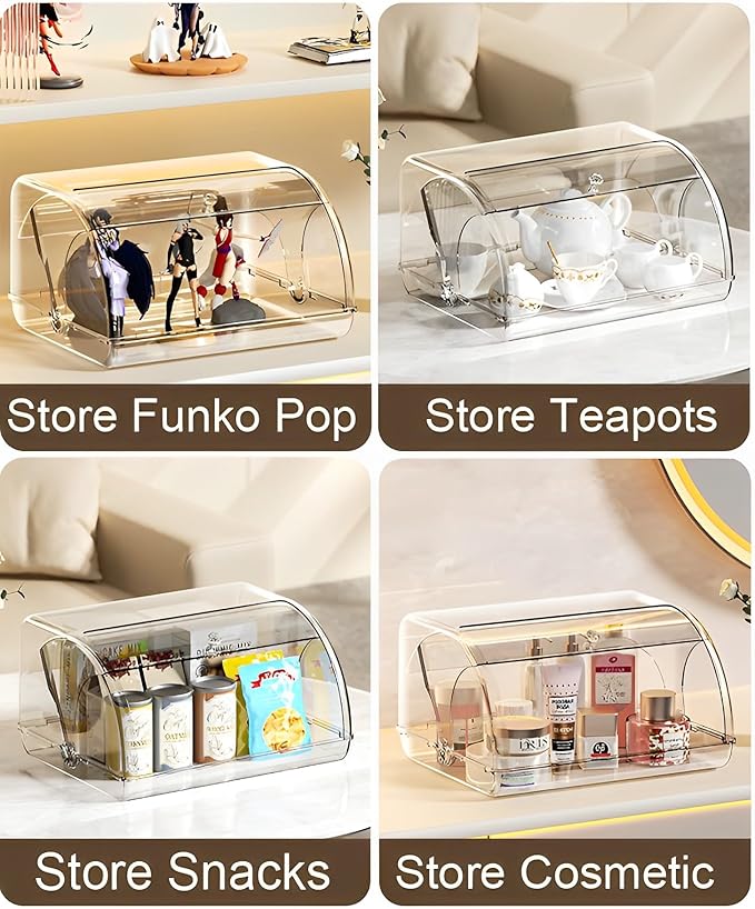 Gagee Bread Box for Kitchen Countertop,Acrylic Bread Storage Container for Homemade Bread,Cookies, Bagels, Muffins, Bread Holder with Roll Top Lid,Clear