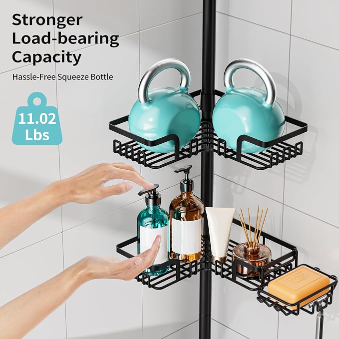 KEGII Shower Caddy Tension Pole, with 2-in-1 Soap Holders x 2 & 32 Hooks, Stainless Steel Adjustable Corner Shower Organizer for Bathroom, 25–114.2 Inches, Black