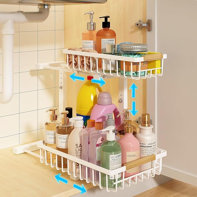 REALINN Under Sink Organizer, Height Adjustable Under Sink Organizers and Storage, 2 Tier Pull Out Drawer Cabinet Storage for Kitchen Bathroom, 1 Pack, White