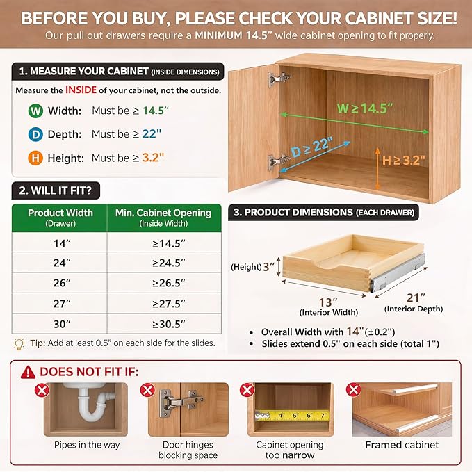 Menkxi 2 Set Wooden Pull out Cabinet Organizer Fully Assembled Slide out Pantry Drawer with Gentle Close Storage Shelf Tray for Base Kitchen Under Sink Bathroom (Wood Color,14'' X 21'' X 3'')