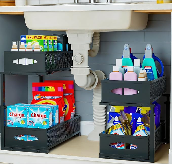 2 Pack Under Sink Organizer,2 Tier Pull Out Sink Shelf,Cabinet Organizer Shelves,Under Sink Shelf,Metal Sliding Drawer Storage for Kitchen Bathroom,Height Adjustable,Black